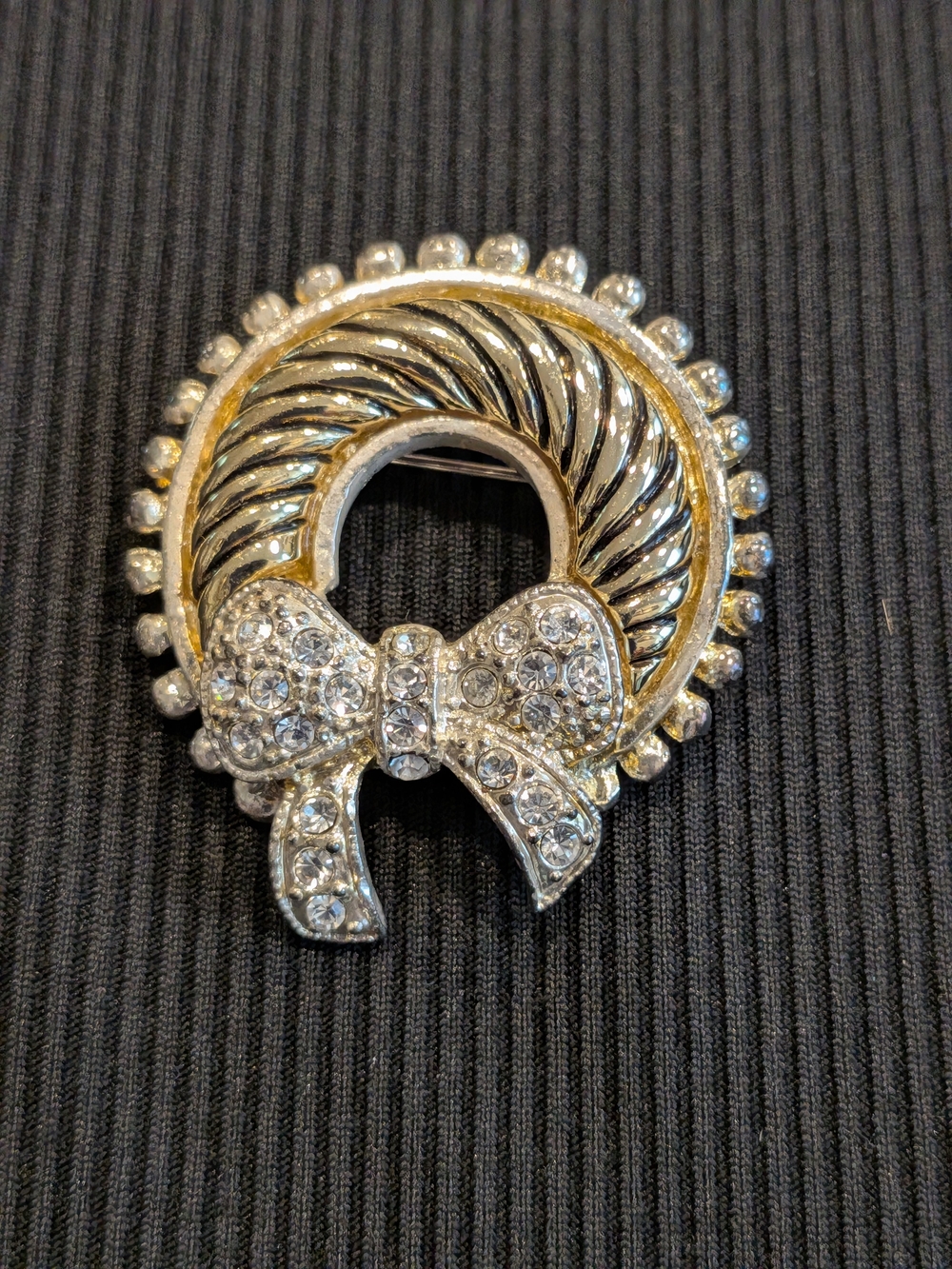 #1: Crystal Bow Circle Brooch - Silver and Gold Tone